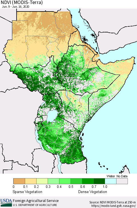 Eastern Africa NDVI (Terra-MODIS) Thematic Map For 6/11/2020 - 6/20/2020
