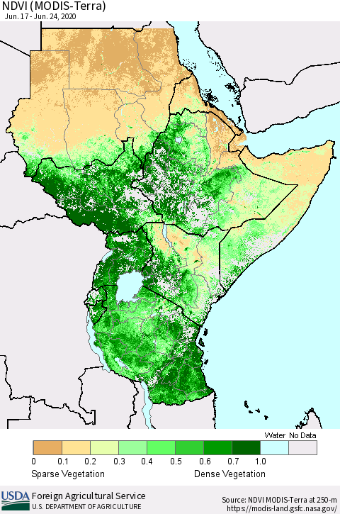 Eastern Africa NDVI (Terra-MODIS) Thematic Map For 6/21/2020 - 6/30/2020