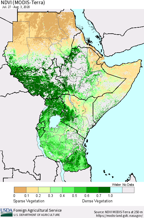 Eastern Africa NDVI (MODIS-Terra) Thematic Map For 8/1/2020 - 8/10/2020