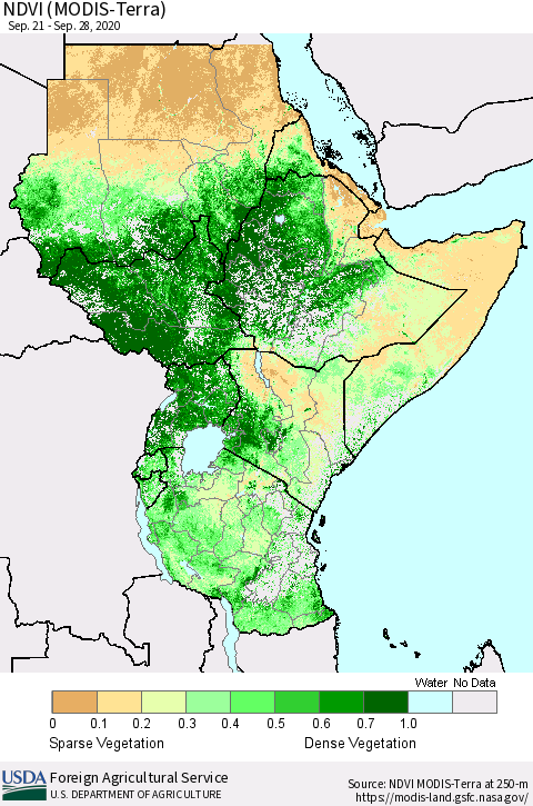 Eastern Africa NDVI (Terra-MODIS) Thematic Map For 9/21/2020 - 9/30/2020