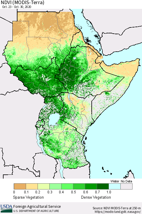 Eastern Africa NDVI (Terra-MODIS) Thematic Map For 10/21/2020 - 10/31/2020