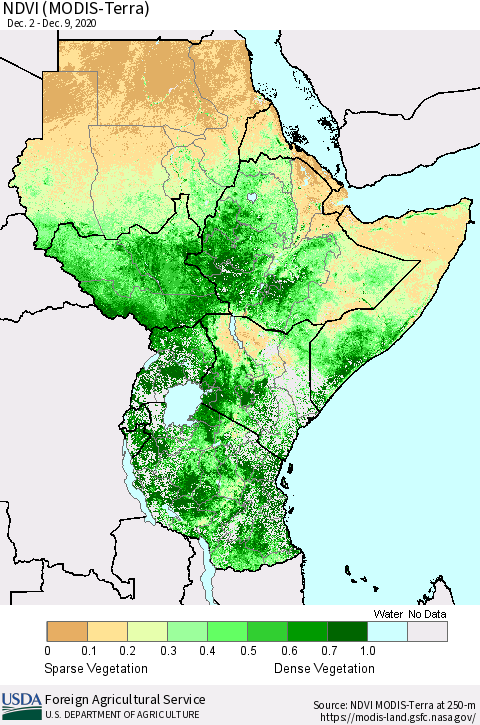 Eastern Africa NDVI (MODIS-Terra) Thematic Map For 12/1/2020 - 12/10/2020