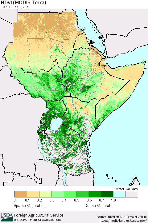 Eastern Africa NDVI (Terra-MODIS) Thematic Map For 1/1/2021 - 1/10/2021