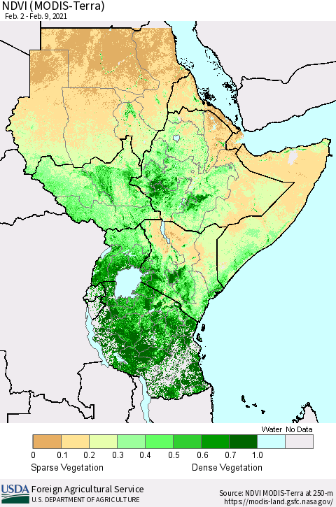 Eastern Africa NDVI (Terra-MODIS) Thematic Map For 2/1/2021 - 2/10/2021