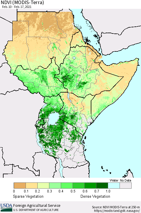 Eastern Africa NDVI (Terra-MODIS) Thematic Map For 2/11/2021 - 2/20/2021