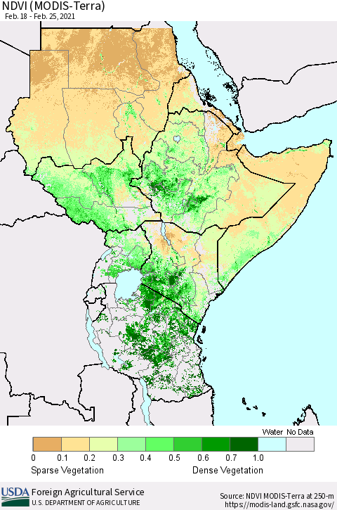 Eastern Africa NDVI (Terra-MODIS) Thematic Map For 2/21/2021 - 2/28/2021