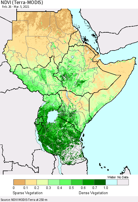 Eastern Africa NDVI (Terra-MODIS) Thematic Map For 2/26/2021 - 3/5/2021