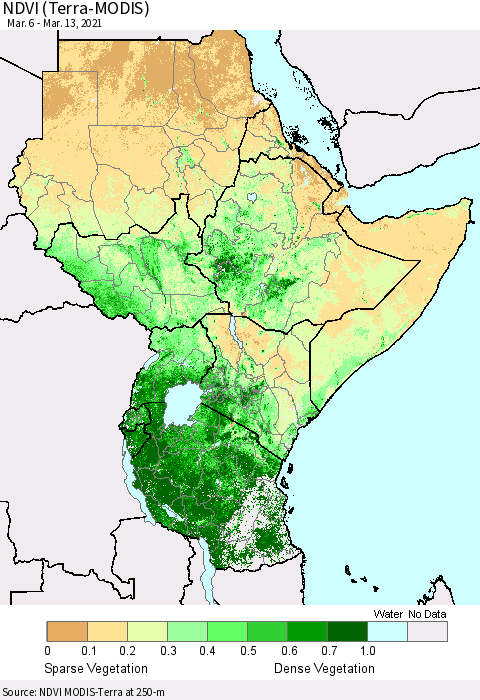 Eastern Africa NDVI (Terra-MODIS) Thematic Map For 3/6/2021 - 3/13/2021
