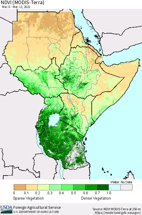 Eastern Africa NDVI (MODIS-Terra) Thematic Map For 3/11/2021 - 3/20/2021