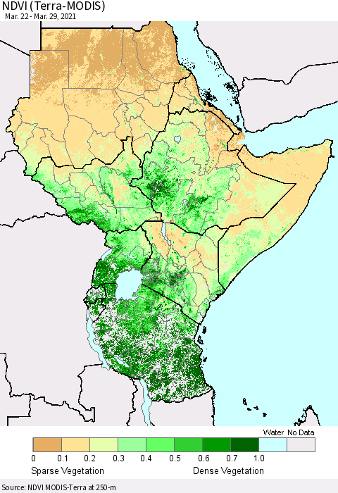 Eastern Africa NDVI (Terra-MODIS) Thematic Map For 3/22/2021 - 3/29/2021
