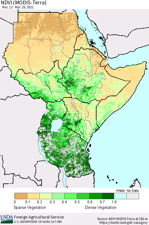 Eastern Africa NDVI (Terra-MODIS) Thematic Map For 3/21/2021 - 3/31/2021