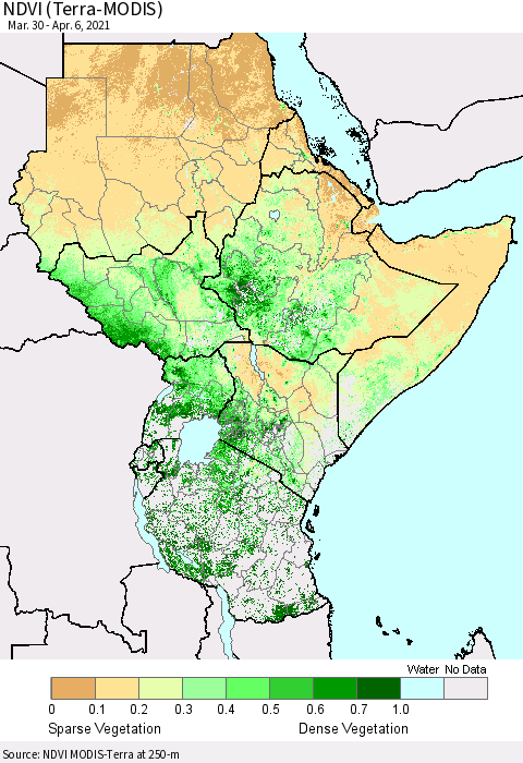 Eastern Africa NDVI (Terra-MODIS) Thematic Map For 3/30/2021 - 4/6/2021