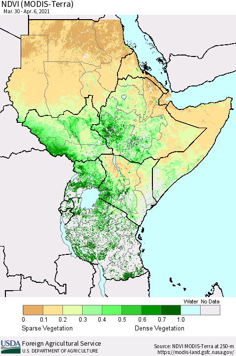 Eastern Africa NDVI (MODIS-Terra) Thematic Map For 4/1/2021 - 4/10/2021