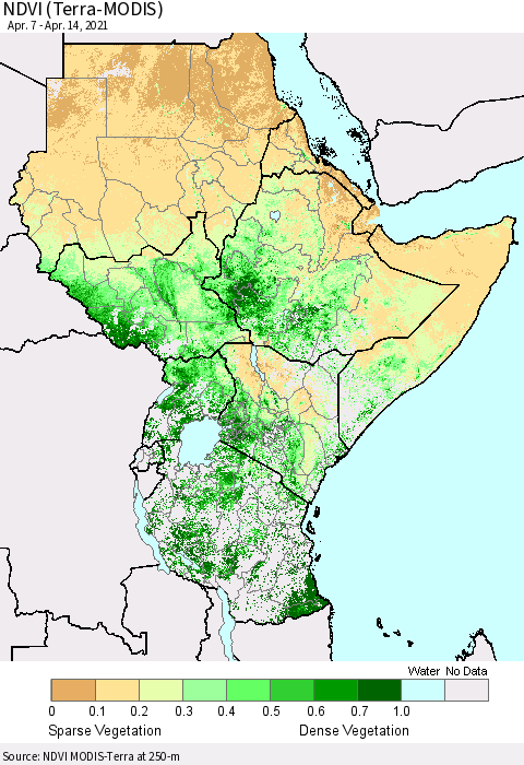 Eastern Africa NDVI (Terra-MODIS) Thematic Map For 4/7/2021 - 4/14/2021