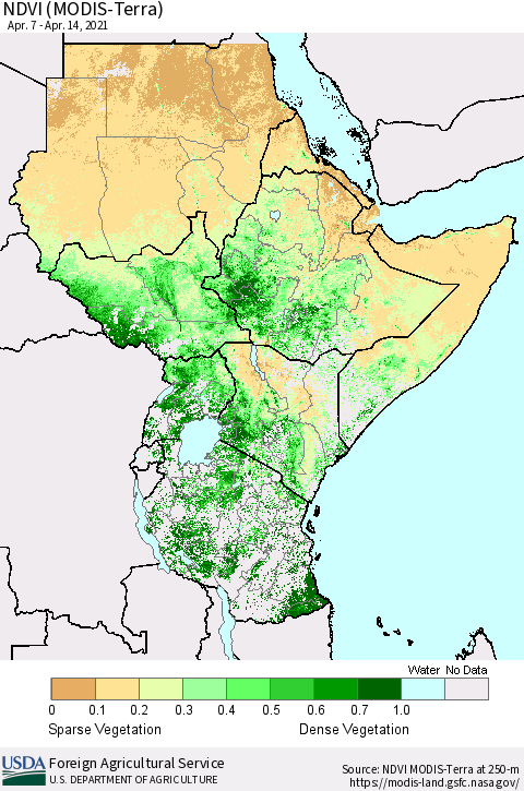 Eastern Africa NDVI (MODIS-Terra) Thematic Map For 4/11/2021 - 4/20/2021