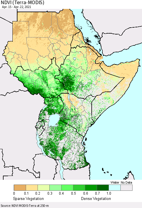 Eastern Africa NDVI (Terra-MODIS) Thematic Map For 4/15/2021 - 4/22/2021