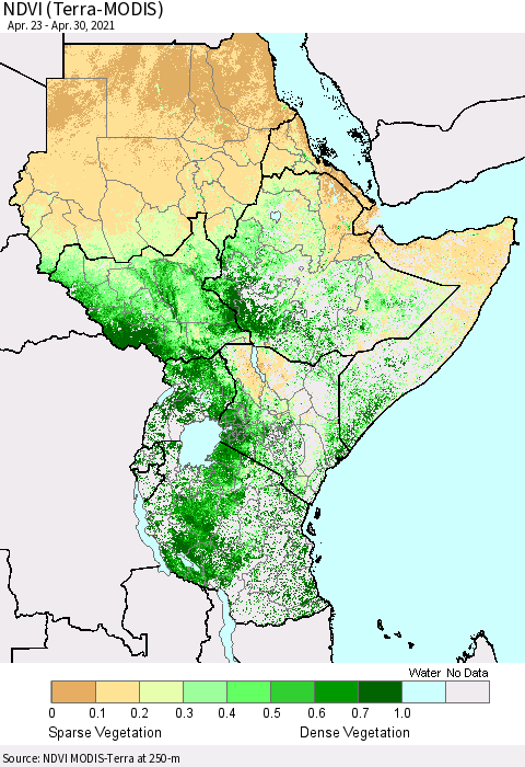 Eastern Africa NDVI (Terra-MODIS) Thematic Map For 4/21/2021 - 4/30/2021