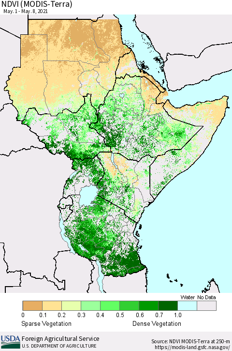 Eastern Africa NDVI (Terra-MODIS) Thematic Map For 5/1/2021 - 5/10/2021