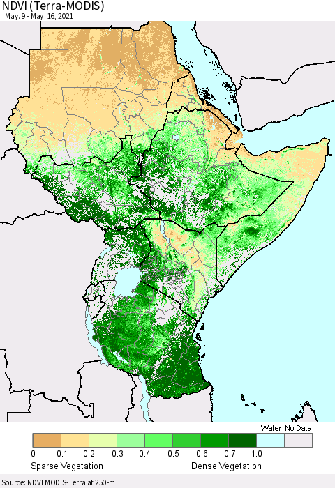 Eastern Africa NDVI (Terra-MODIS) Thematic Map For 5/9/2021 - 5/16/2021