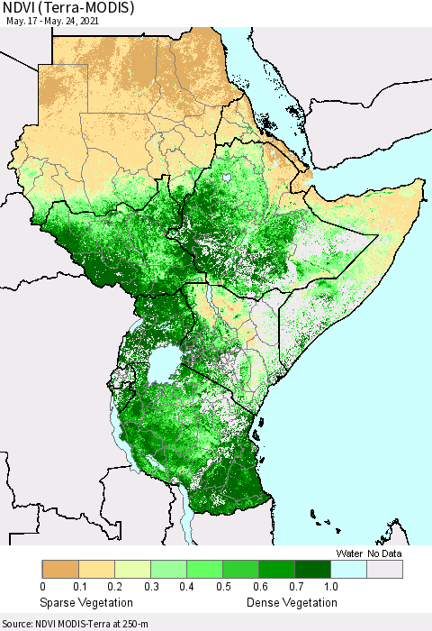 Eastern Africa NDVI (Terra-MODIS) Thematic Map For 5/17/2021 - 5/24/2021