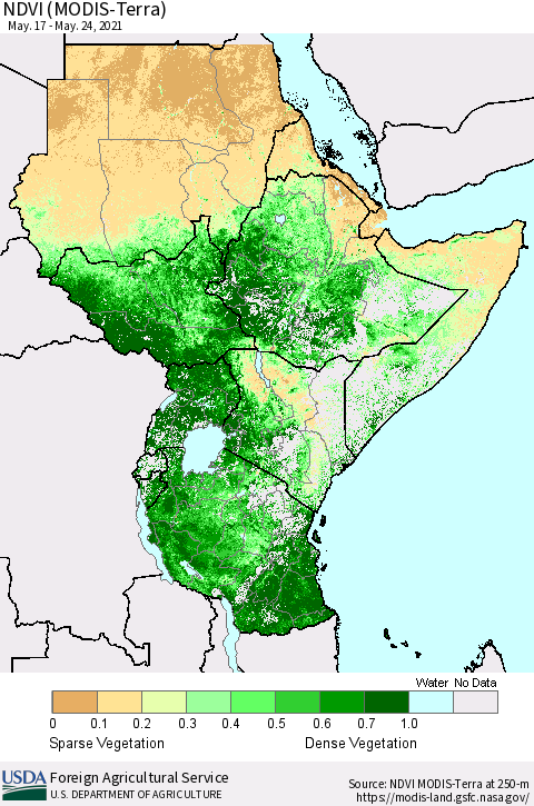 Eastern Africa NDVI (Terra-MODIS) Thematic Map For 5/21/2021 - 5/31/2021