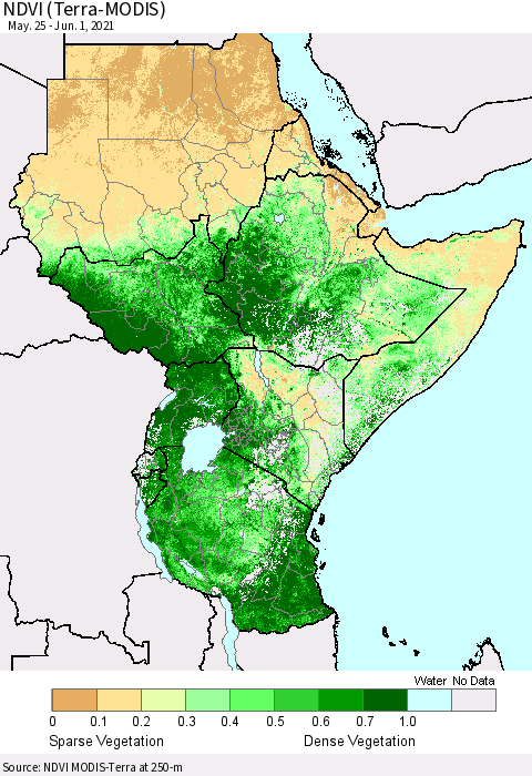 Eastern Africa NDVI (Terra-MODIS) Thematic Map For 5/25/2021 - 6/1/2021