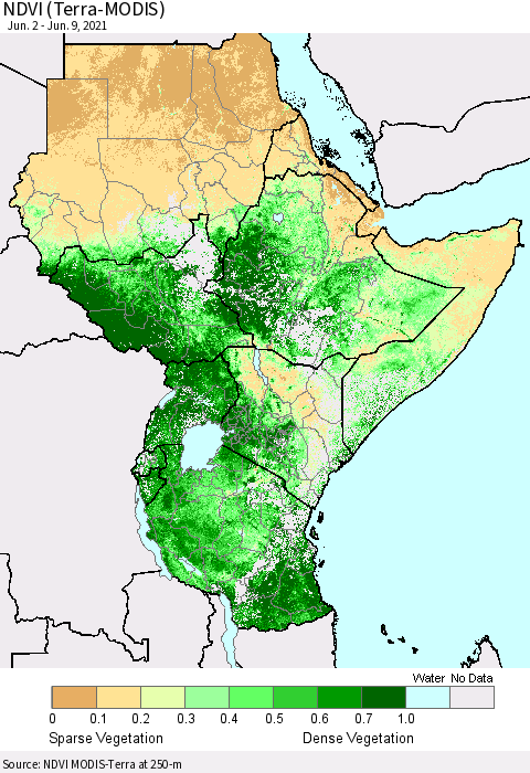 Eastern Africa NDVI (Terra-MODIS) Thematic Map For 6/2/2021 - 6/9/2021