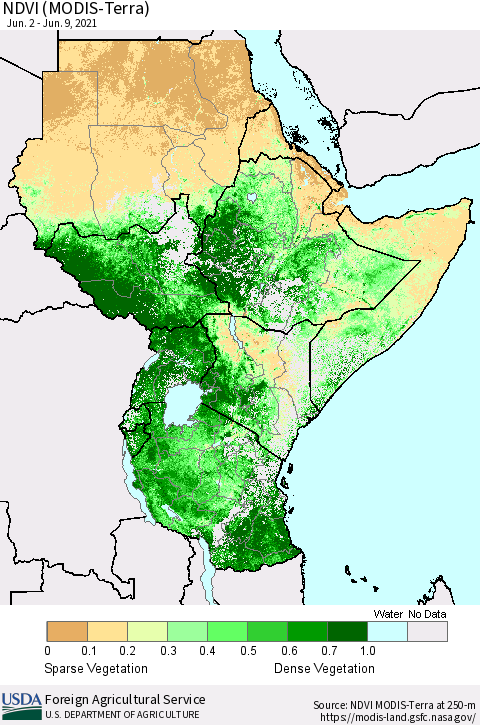 Eastern Africa NDVI (MODIS-Terra) Thematic Map For 6/1/2021 - 6/10/2021