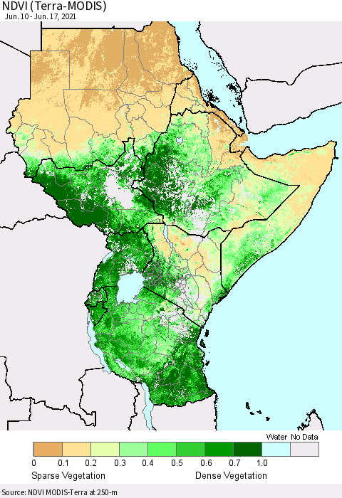 Eastern Africa NDVI (Terra-MODIS) Thematic Map For 6/10/2021 - 6/17/2021