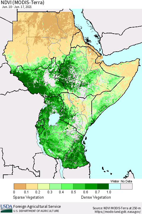 Eastern Africa NDVI (MODIS-Terra) Thematic Map For 6/11/2021 - 6/20/2021