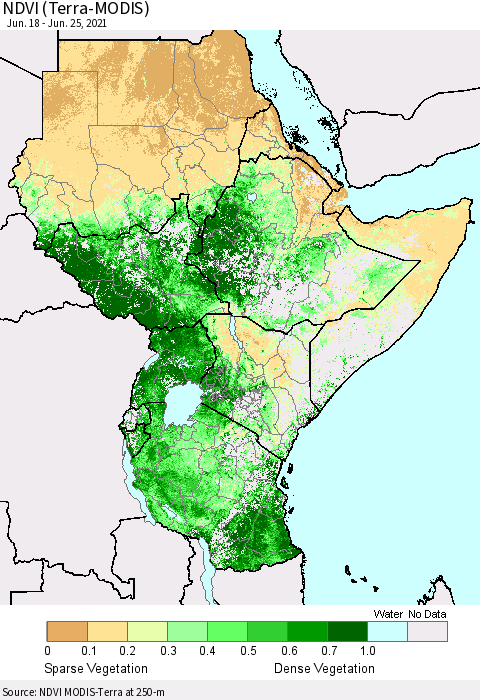 Eastern Africa NDVI (Terra-MODIS) Thematic Map For 6/18/2021 - 6/25/2021