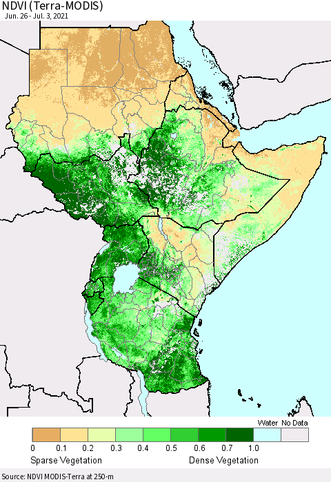 Eastern Africa NDVI (Terra-MODIS) Thematic Map For 6/26/2021 - 7/3/2021