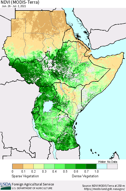 Eastern Africa NDVI (MODIS-Terra) Thematic Map For 7/1/2021 - 7/10/2021