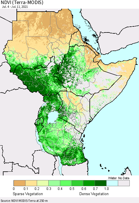 Eastern Africa NDVI (Terra-MODIS) Thematic Map For 7/4/2021 - 7/11/2021