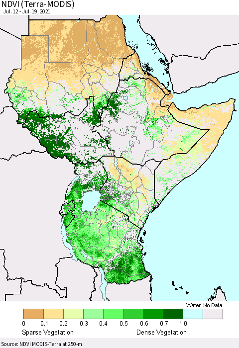 Eastern Africa NDVI (Terra-MODIS) Thematic Map For 7/12/2021 - 7/19/2021