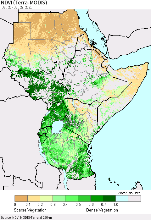 Eastern Africa NDVI (Terra-MODIS) Thematic Map For 7/20/2021 - 7/27/2021