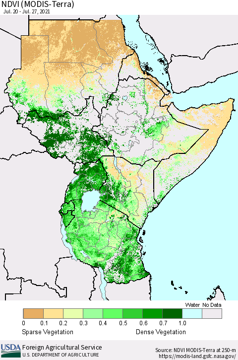 Eastern Africa NDVI (MODIS-Terra) Thematic Map For 7/21/2021 - 7/31/2021
