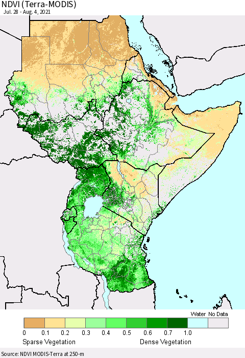 Eastern Africa NDVI (Terra-MODIS) Thematic Map For 7/28/2021 - 8/4/2021
