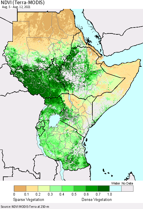 Eastern Africa NDVI (Terra-MODIS) Thematic Map For 8/5/2021 - 8/12/2021