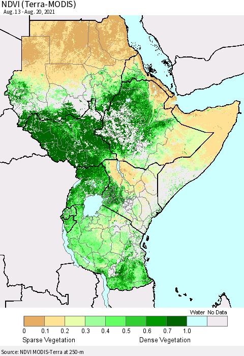 Eastern Africa NDVI (Terra-MODIS) Thematic Map For 8/13/2021 - 8/20/2021