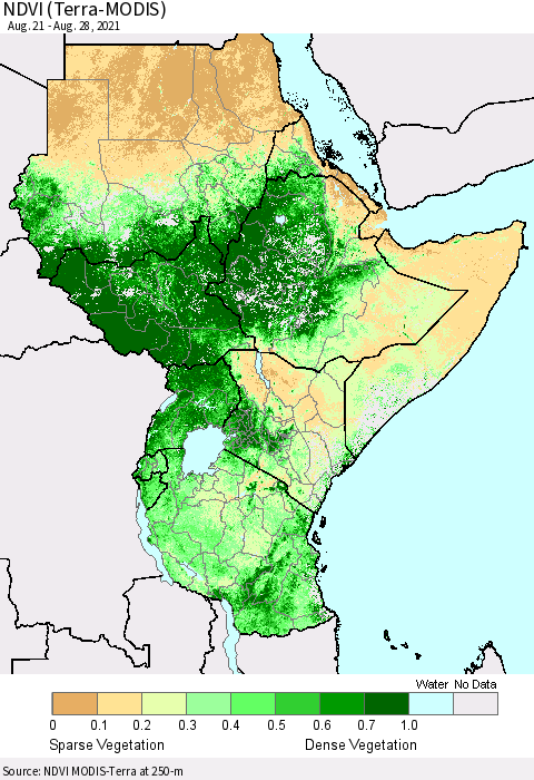 Eastern Africa NDVI (Terra-MODIS) Thematic Map For 8/21/2021 - 8/28/2021