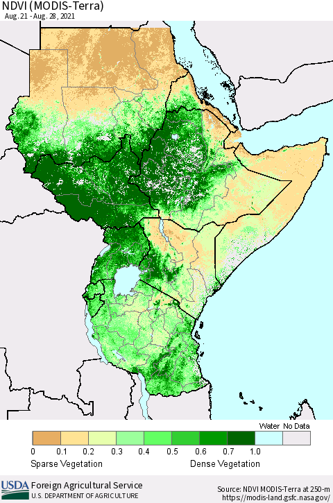 Eastern Africa NDVI (Terra-MODIS) Thematic Map For 8/21/2021 - 8/31/2021