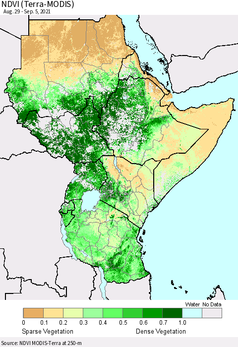 Eastern Africa NDVI (Terra-MODIS) Thematic Map For 8/29/2021 - 9/5/2021