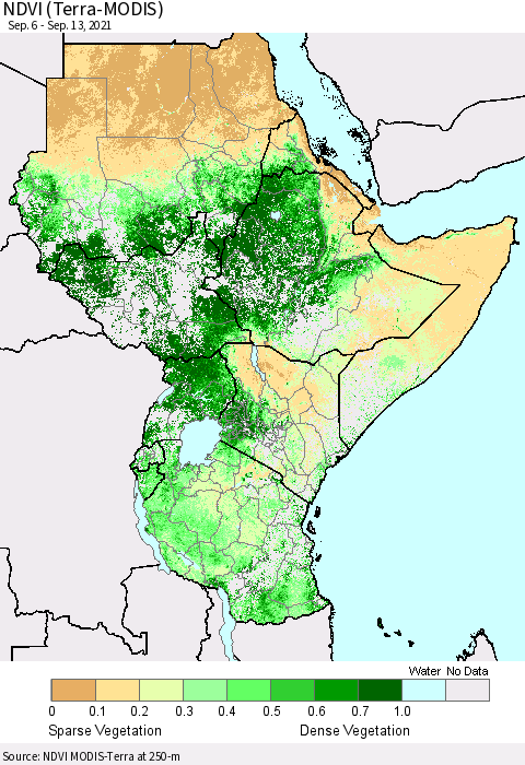 Eastern Africa NDVI (Terra-MODIS) Thematic Map For 9/6/2021 - 9/13/2021