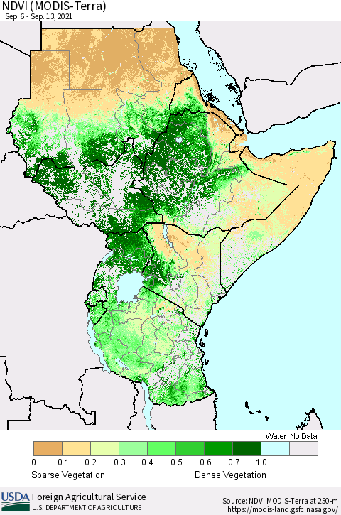 Eastern Africa NDVI (Terra-MODIS) Thematic Map For 9/11/2021 - 9/20/2021