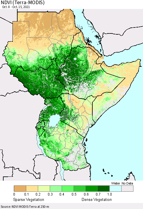 Eastern Africa NDVI (Terra-MODIS) Thematic Map For 10/8/2021 - 10/15/2021