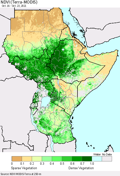 Eastern Africa NDVI (Terra-MODIS) Thematic Map For 10/16/2021 - 10/23/2021