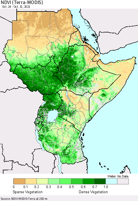 Eastern Africa NDVI (Terra-MODIS) Thematic Map For 10/24/2021 - 10/31/2021