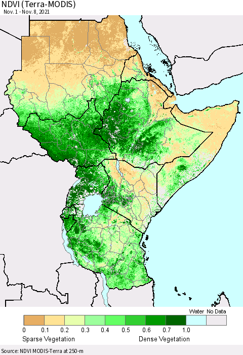Eastern Africa NDVI (Terra-MODIS) Thematic Map For 11/1/2021 - 11/8/2021