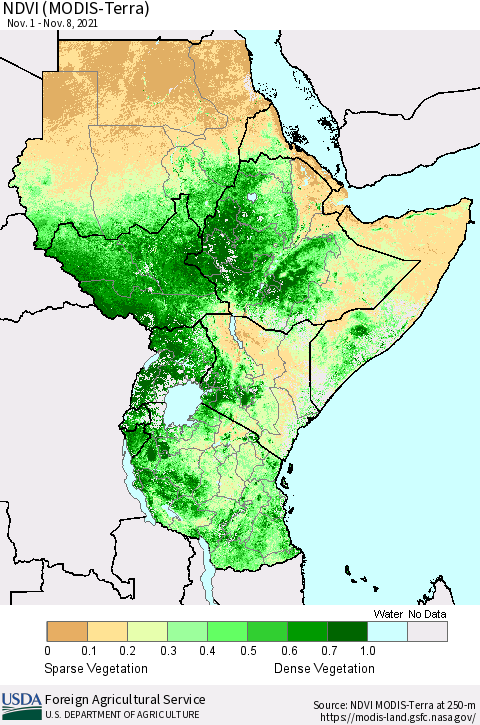 Eastern Africa NDVI (Terra-MODIS) Thematic Map For 11/1/2021 - 11/10/2021